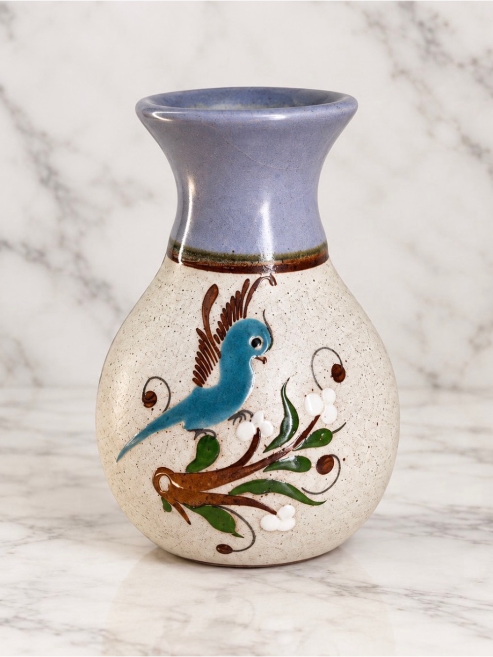 Mexican Tonala Sandstone Pottery Vase Bird Floral